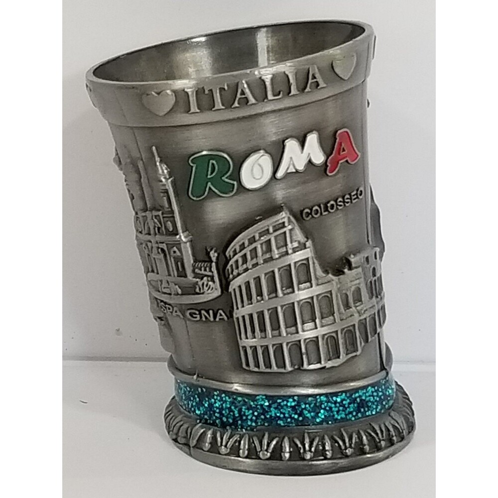 Vintage Roma Italy Metal Shot Glass Souvenir - Colosseum Vatican